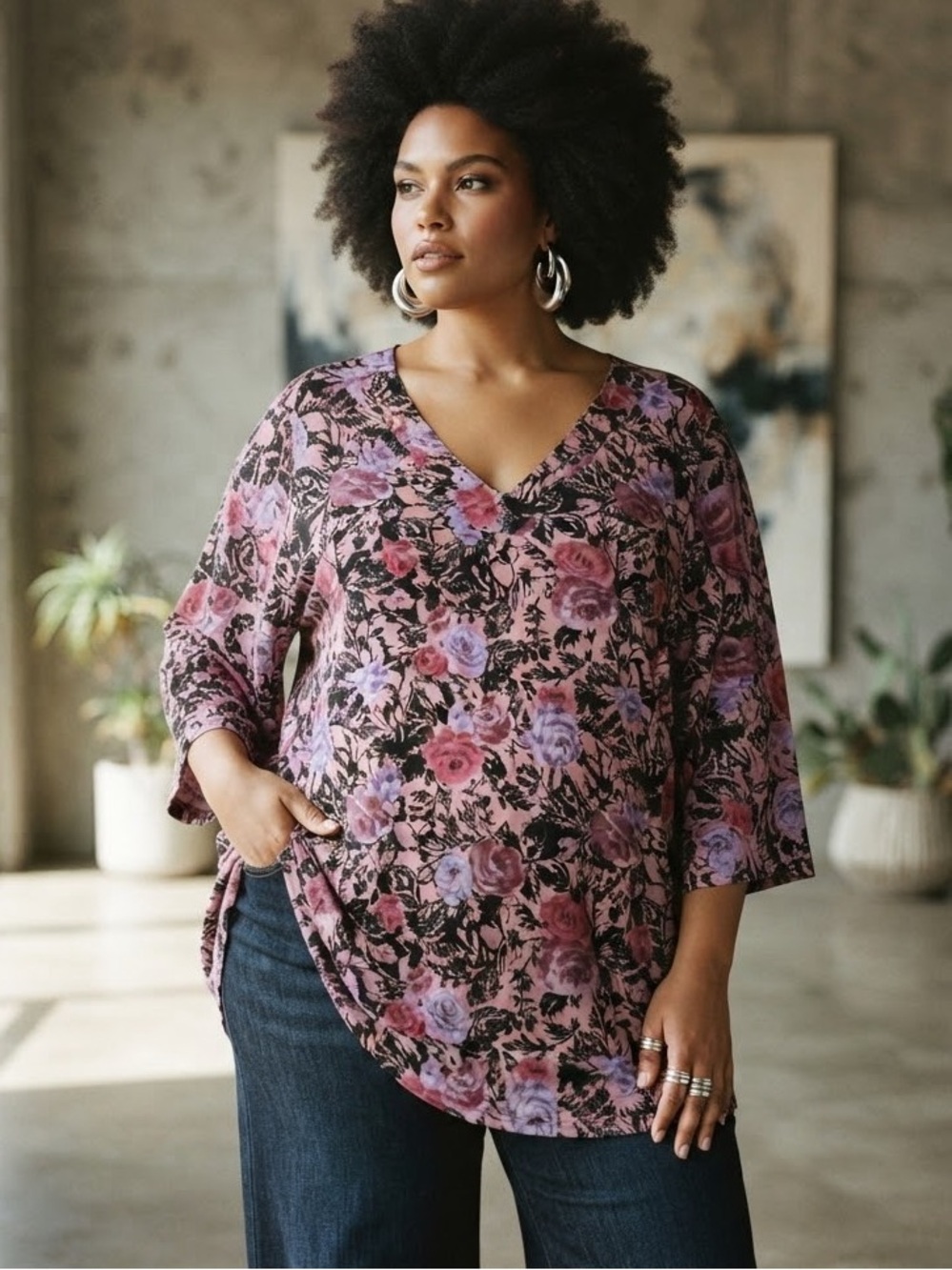 Arna York Floral V-Neck Plus-Size Top in Pink and Purple 5x